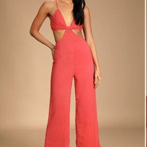 Lulu's- Blissful Season Coral Tie-Back Cutout Wide-Leg Jumpsuit